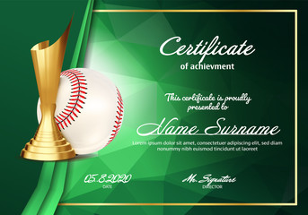 Wall Mural - Baseball Certificate Diploma With Golden Cup Vector. Sport Vintage Appreciation. Modern Gift. Print Blank. A4 Horizontal. Event Illustration