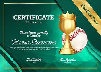 Baseball Certificate Diploma With Golden Cup Vector. Sport Graduation. Elegant Document. Luxury Paper. A4 Horizontal. Championship Illustration