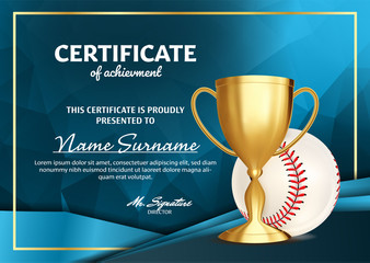 Poster - Baseball Certificate Diploma With Golden Cup Vector. Sport Award Template. Achievement Design. Honor Background. A4 Horizontal. Illustration