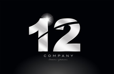 silver letter 12 metal number with grey color on black background logo