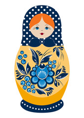 Wall Mural - Traditional souvenir Russian floral folk matryoshka doll, Gorodets painting stylization. Birds and flowers, matryoshka babushka. Russian nesting doll girl with a smile. Isolated on white illustration.