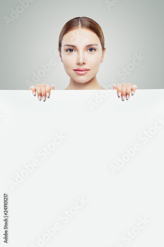 Pretty Woman Showing White Empty Paper Banner Background And