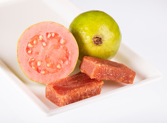 Sticker - Guava fruit and paste on a white square plate - White background