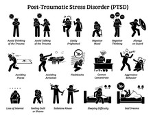 Post Traumatic Stress Disorder PTSD Signs And Symptoms. Illustrations Depict Man With Post Traumatic Stress Disorder Facing Difficulty In Life And Mental Issue.