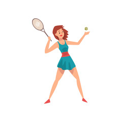 Wall Mural - Young Female Tennis Player with Racket and Ball in Her Hands, Professional Sportswoman Character in Action Vector Illustration