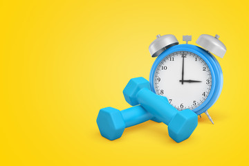 3d rendering of blue alarm clock and blue dumbbells on yellow background