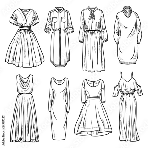Sketches collection of women's dresses. Hand drawn vector illustration ...