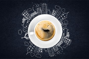 Sticker - Cup od hot coffe on doodles background