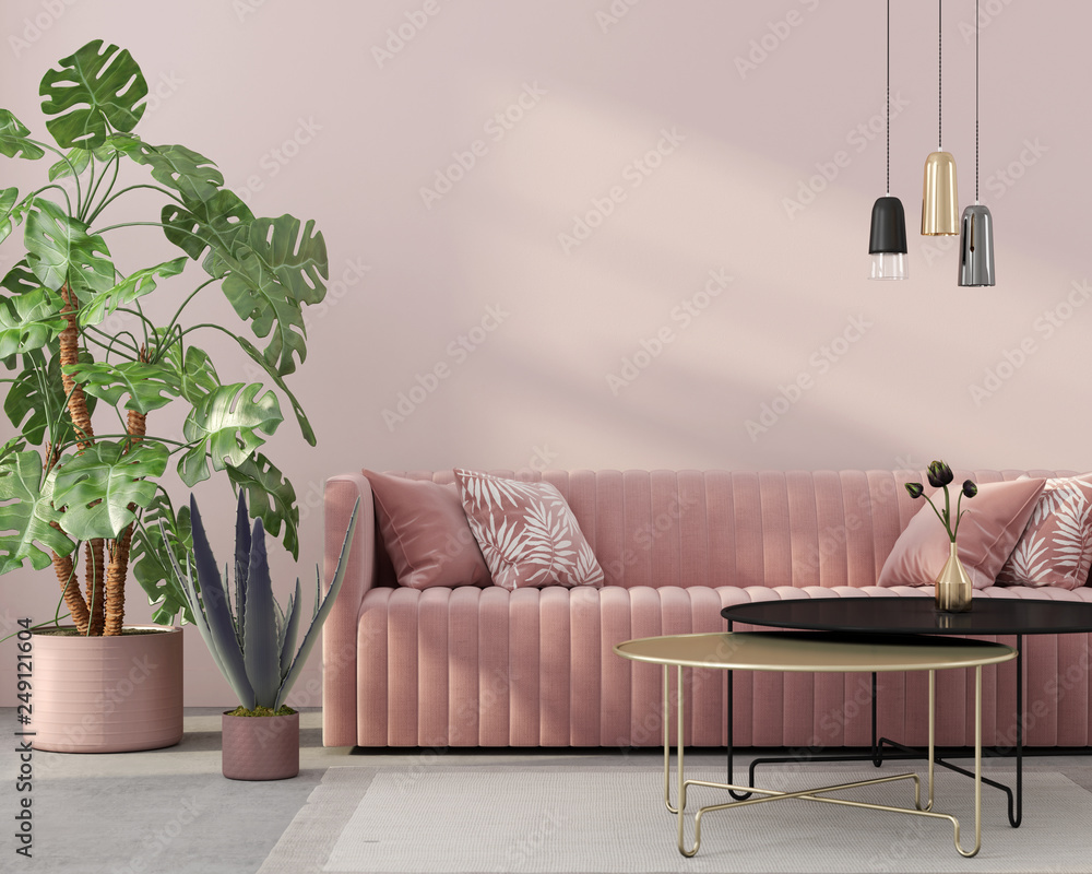 living room in pink with velvet sofa - obrazy, fototapety, plakaty 