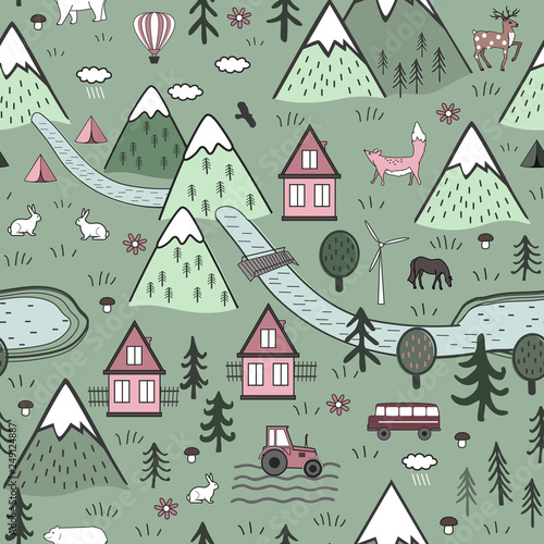 cute-hand-drawn-scandinavian-vector-seamless-pattern-with-houses-animals-trees-old-castle-and-mountains-nordic-nature-landscape-concept-perfect-for-kids-fabric-textile-wallpaper-or-door-mat