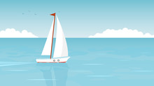 Sailboat In The Open Sea On The Background Of Clouds And Seagulls. Vector Illustration