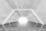 Fototapeta Przestrzenne - Futuristic tunnel with light. Abstract corridor interior design. 3D rendering.