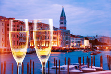 Venice, Italy Canals With Glasses Of Champagne