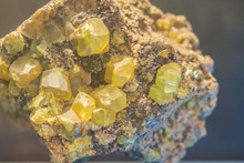 Sulphur Crystal Granular Habit Rock Specimen From Mining And Quarrying. Sulfur Or Sulphur Is A Chemical Element With Symbol S And Atomic Number 16. It Is Abundant, Multivalent, And Nonmetallic.