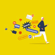 © nadia_snopek - Digital hygiene. Stress. Male Character running away from the pop up notifications. Modern lifestyle. Overwhelming flow of information. Flat editable vector illustration, clip art