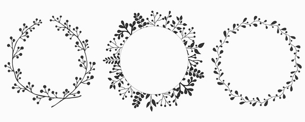 Hand drawn set of floral vector wreath. Illustration for greeting card, wedding invitation, logo, poster, tag, label.