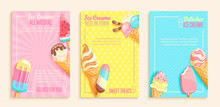 Set Of Sweet Ice Cream Shops Flyers,banners On Vintage Background.Collection Of Pages For Kids Menu,caffee,posters. Cards, Cafeteris Advertise.Template Vector Illustration.