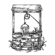 Old well with wooden bucket. Sketch. Engraving style. Vector illustration. 