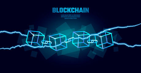 Wall Mural - Blockchain cube chain symbol on square code big data flow information. Blue neon glowing modern trend. Cryptocurrency finance bitcoin business concept vector illustration background template