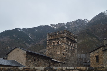 Beautiful Medieval Buildings With The Tower Of The Infanzones Between Them In Benasque. Travel, Landscapes, Nature, Architecture. December 27, 2014. Benasque, Huesca, Aragon.