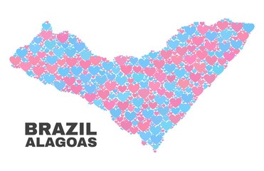 Mosaic Alagoas State map of lovely hearts in pink and blue colors isolated on a white background. Lovely heart collage in shape of Alagoas State map. Abstract design for Valentine illustrations.