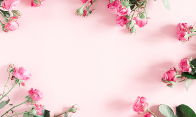 Wall Mural - flowers composition romantic. pink rose flowers on pastel pink background. valentine's day, easter, 