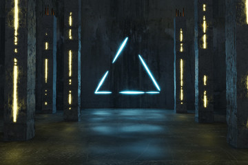 3d rendering of blue lighten triangle shape next by concrete pillars and grunge floor with puddles