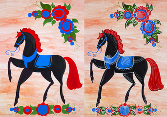 Gorodets painting with a horse and flowers, two stages of work. Russian folk Gorodets painting, which was invented by Russian peasants in the 18th century to decorate wooden objects for home