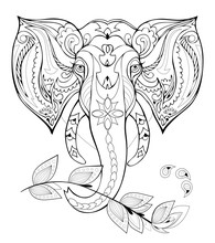 Stylized Elephant Head. Black And White Page For Coloring Book. Pattern For Modern Print, Logo, Embroidery, Henna, Mehndi, Tattoo And Decoration. Hand-drawn Vector Image On Computer By Graphic Tablet.