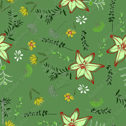 Seamless Pattern flowers and leaves  line hand drawn style Isolated on colored