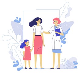 Medicine concept with doctor and family patients on plant background.