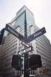 Looking up at Broadway and Vesey street sign, retro color toning applied, New York, USA.