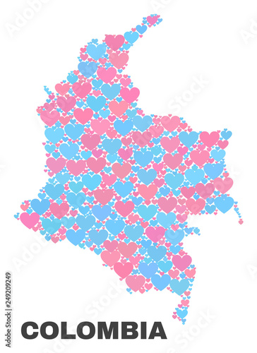Fotografía Mosaic Colombia map of lovely hearts in pink and blue colors isolated on a white background