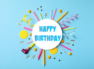 Flat lay composition with birthday party items on color background