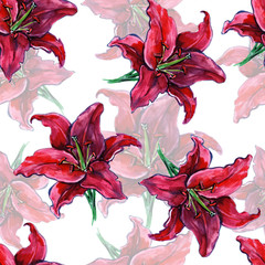  Watercolor bouquets of tropical flowers and leaves in watercolor, seamless pattern.