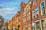 Fototapeta Big Ben - Traditional dutch houses on a street of Leiden, Holland