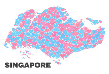 Mosaic Singapore map of lovely hearts in pink and blue colors isolated on a white background. Lovely heart collage in shape of Singapore map. Abstract design for Valentine decoration.