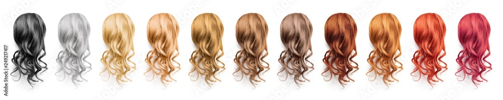 Collection various colors of wavy hair on white background - obrazy, fototapety, plakaty 