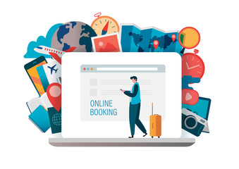 Wall Mural - on line booking, on-line ticket, book flight, buying tickets online. travel concept. flat vector ill