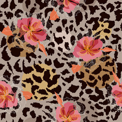 Soft and gentle  blooming flower on animal skin leopard prints seamless pattern vector,design for fashion,fabric,wallpaper and all prints