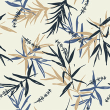 Beautiful Seamless Pattern Vector Of Brush Blue And Beige Bamboo Leaves  And Flower Oriental Style Design For Fashion ,fabric, Wallpaper