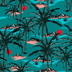 Wall Mural - Trendy Hand drawn and line sketch summer island ,beach and palm trees seamless pattern vector design for fashion,fabric,wallpaper and all prints