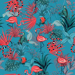 Wall Mural - Trendy retro Summer Tropical  flowers, palm leaves, jungle plants, birds, pink flamingos,snake, seamless vector floral pattern background, exotic botanical wallpaper, for fashion,fabric,