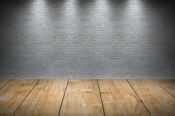 Wall Mural - white brick wall with wood table for background.