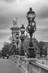 Wall Mural - Moody cityscape with Pont Alexandre III bridge and Seine river and Eiffel Tower in Paris, France in black and white treatment