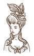 Medieval woman in dress with feathers in head and big hairstyle sketch