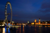 Fototapeta Londyn - London, England, London Eye, Houses of Parliament mit Big Ben und Westminster Bridge