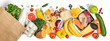 Leinwandbild Motiv Grocery shopping concept - meat, fish, fruits and vegetables with shopping bag, top view
