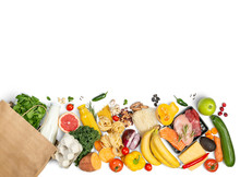 Grocery Shopping Concept - Meat, Fish, Fruits And Vegetables With Shopping Bag, Top View