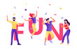 © Лилия Аллагулова - Fun letters with group of dancing people around. Young men and women have fun together. Corporate party, festival, holidays, carnival. Studio or dance school. Flat concept vector illustration